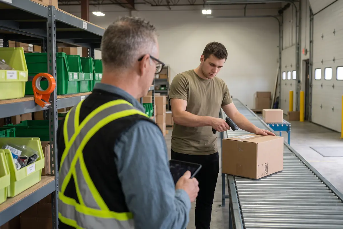 François Paradis, of FP Service, watches an employee scan a box on a warehouse shipping conveyor.