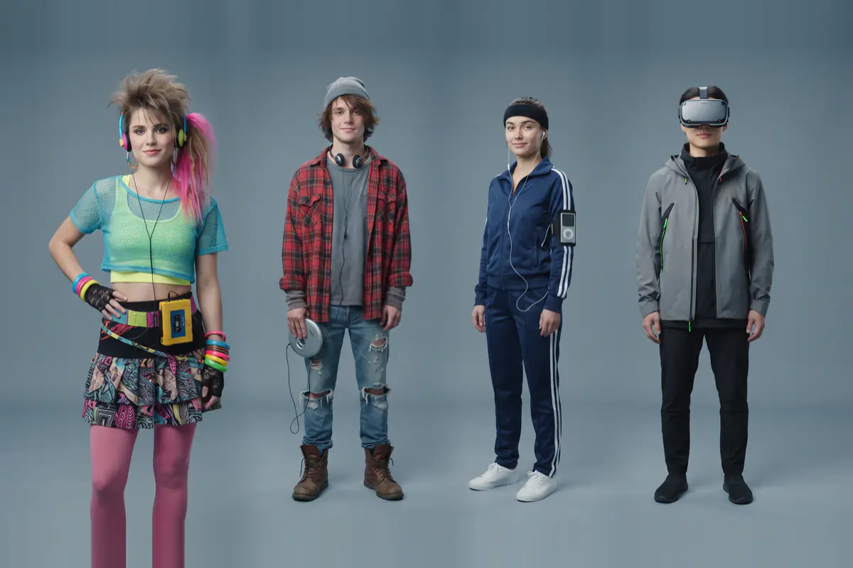 Four people side by side, each with the listening device of their era, from the portable cassette player to the VR headset.