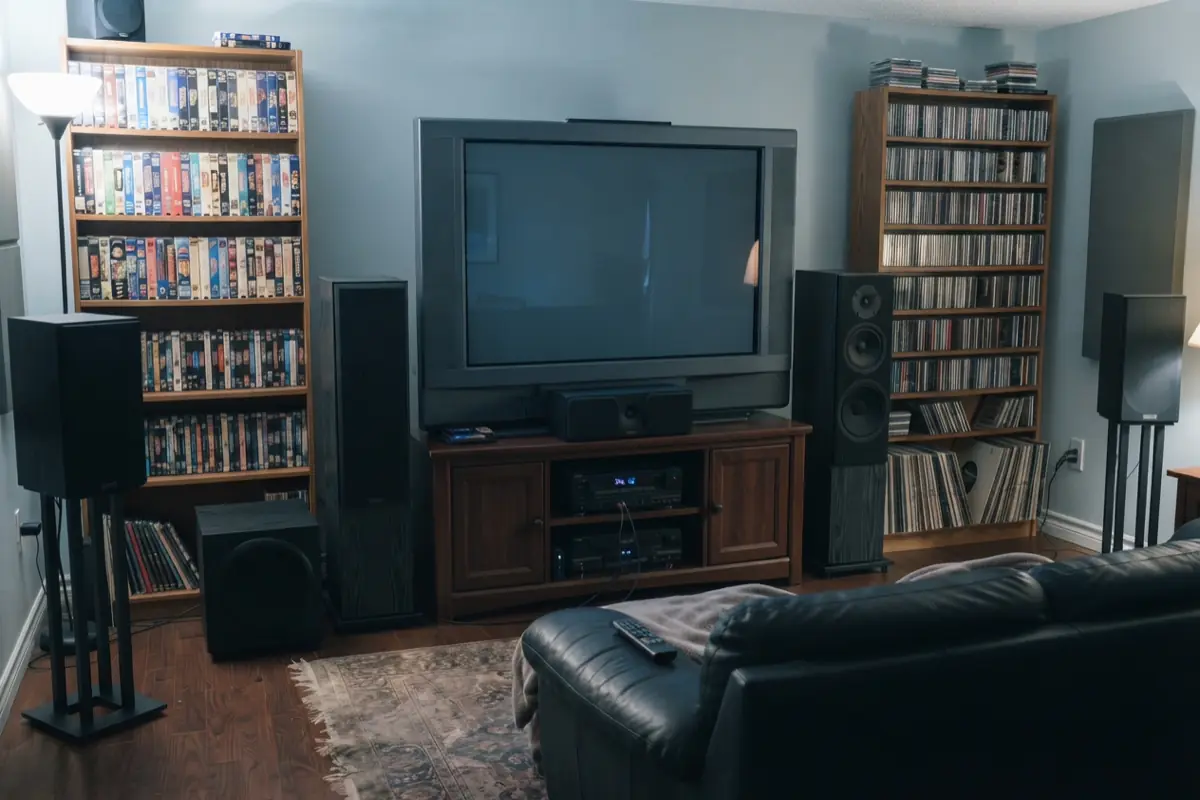 Living room with grey-blue walls: shelves of videocassettes and CDs on either side of a big TV.