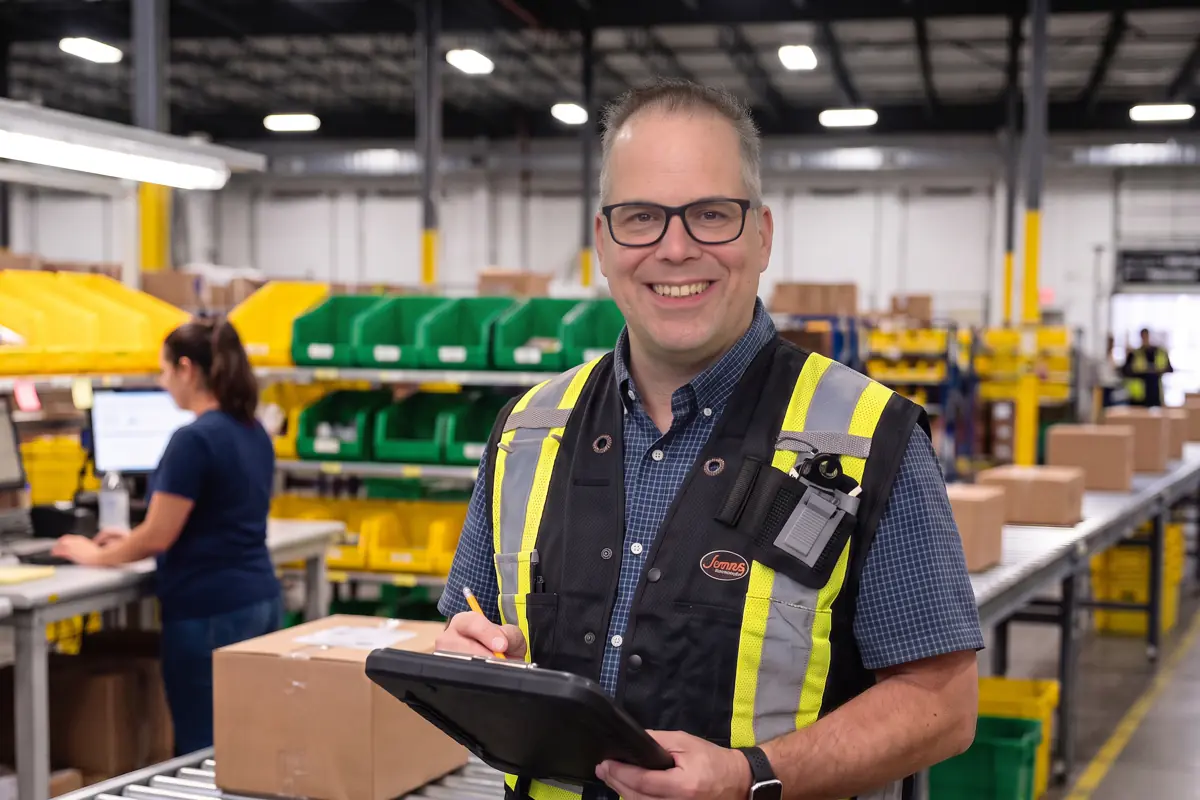 Portrait de François Paradis, expert en opérations e-commerce chez FP Service, presse-papiers à la main dans un centre de distribution.