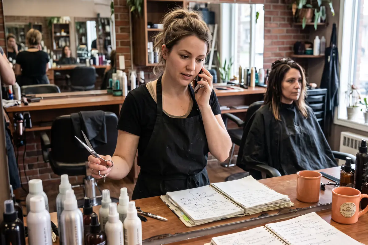 Coiffeuse répondant au téléphone, ciseaux à la main, avec un agenda papier ouvert et une cliente qui attend.