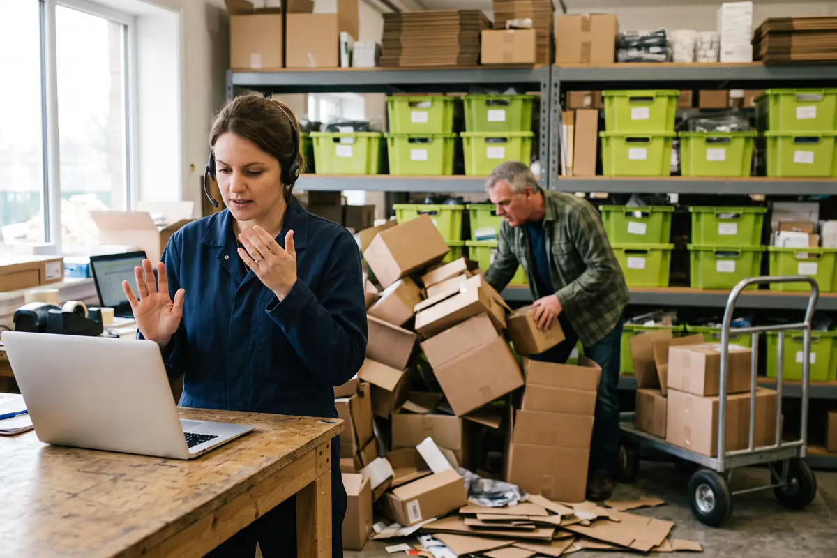 Employée débordée devant son portable alors que les boîtes s'empilent et débordent dans l'entrepôt.