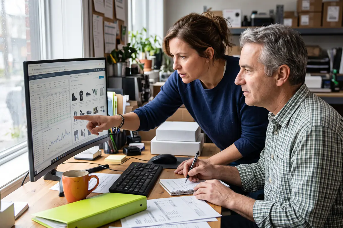 Deux gestionnaires analysent un tableau de bord de ventes en ligne sur grand écran, dans un bureau d'arrière-boutique.