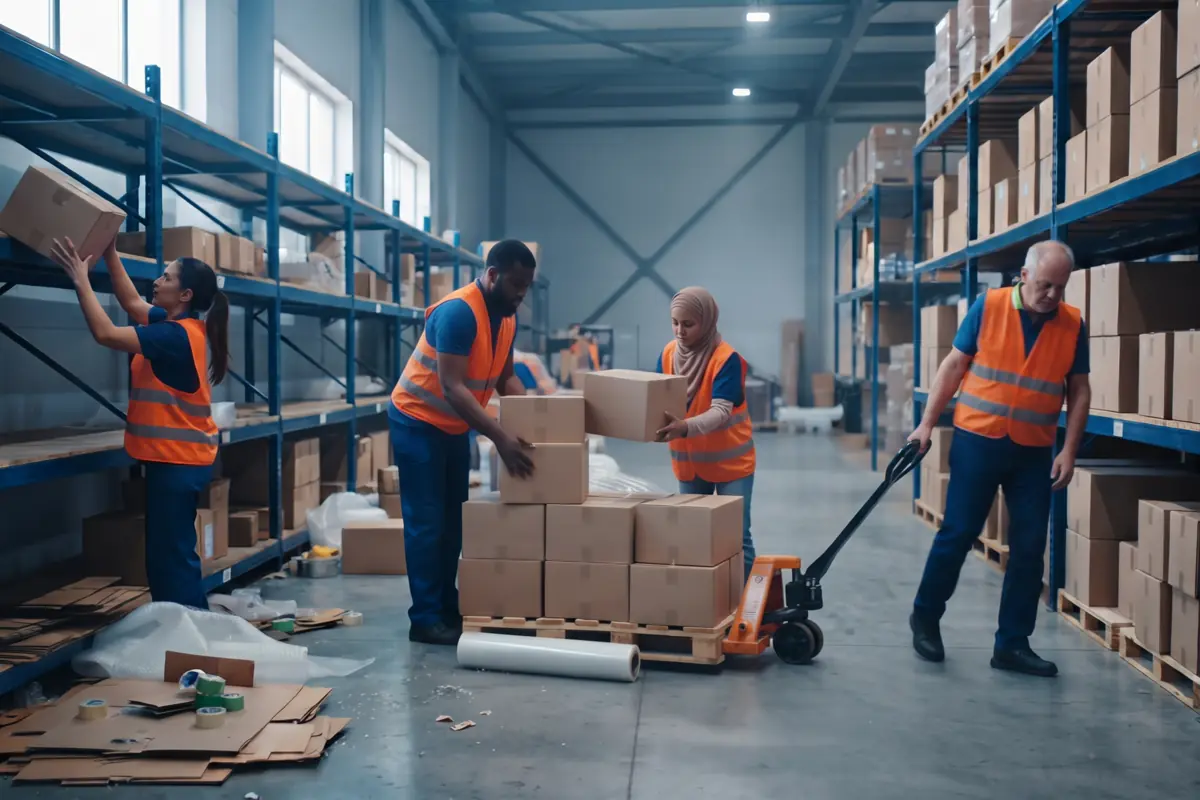 Entrepôt en déménagement : quatre employés déplacent des boîtes, remplissent des étagères et tirent une palette.