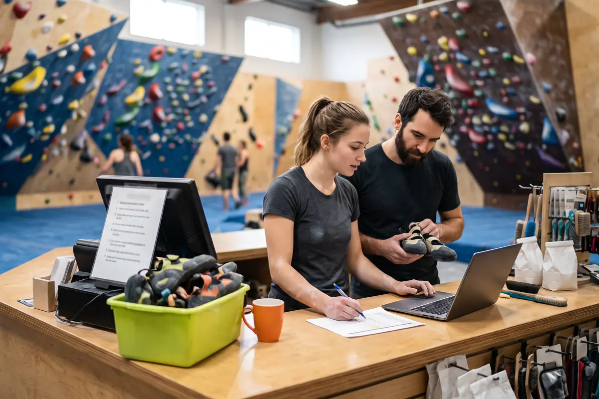 Comptoir d'une salle d'escalade de bloc : gestion des locations de chaussons au portable devant les murs colorés.