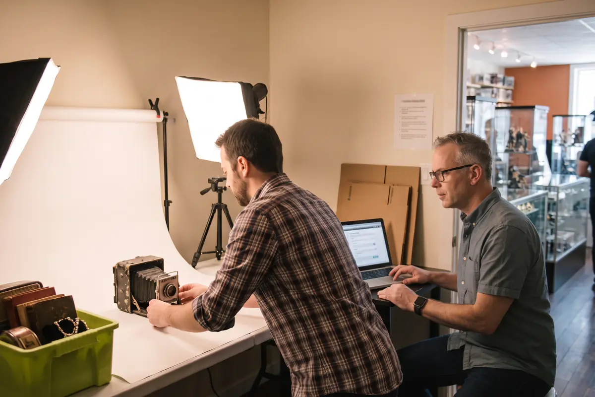 François Paradis accompagne un marchand d'articles d'occasion dans un studio photo improvisé, pour la mise en ligne de ses produits.